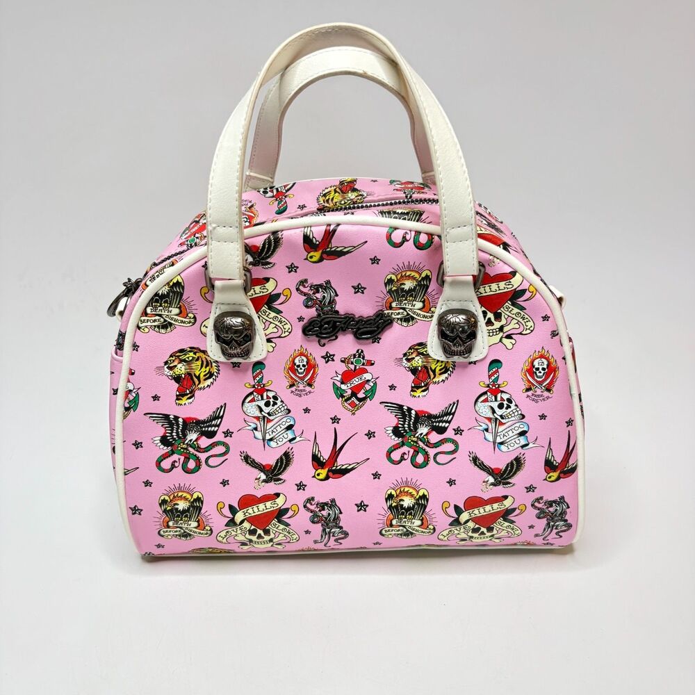 ED HARDY Tattoo Hearts Skull Womens Pink/White Mini Bowler Bag Purse - Picture 7 of 9